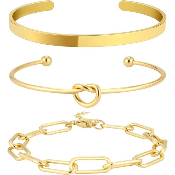 14K Real Gold-C Plated Bangle Cuff Non Tarnish Trendy Stack Bracelets for Women - Picture 1 of 6